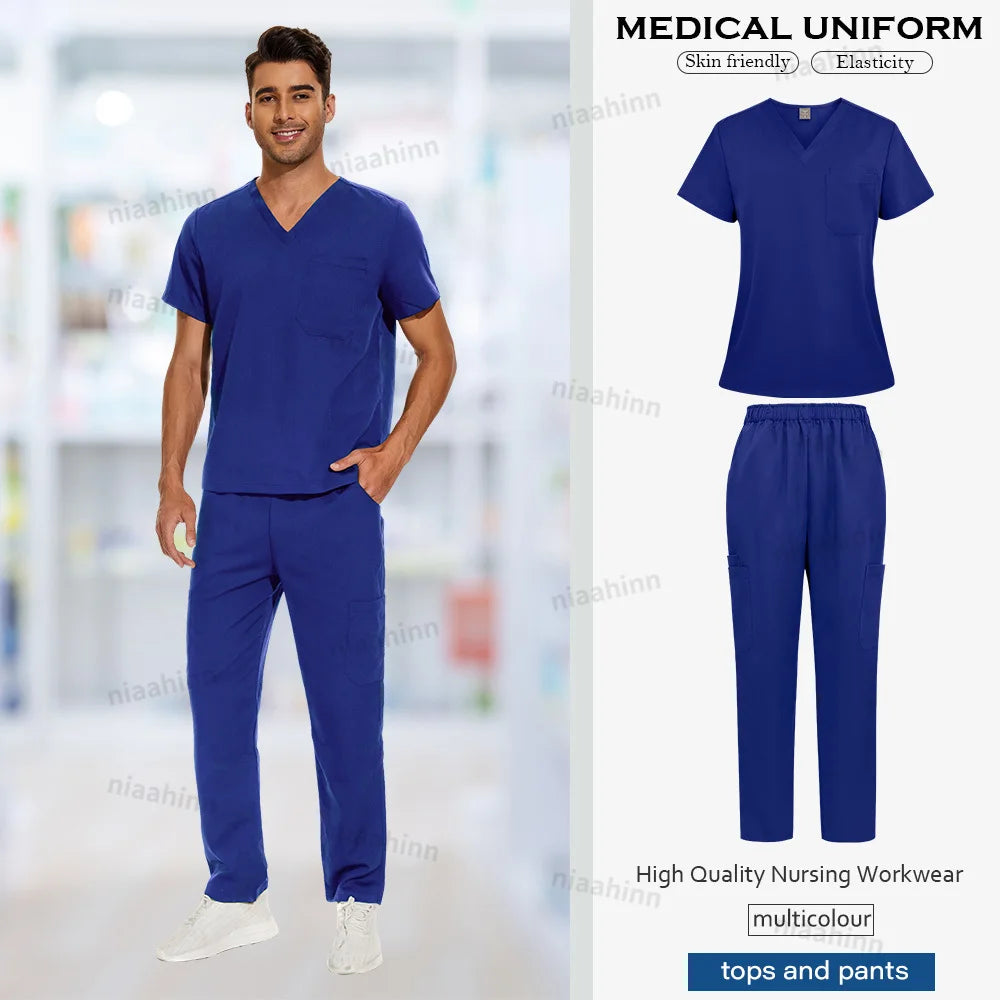 Multicolor surgical gown for men in navy blue, featuring breathable fabric and stylish design for hospital scrubs.
