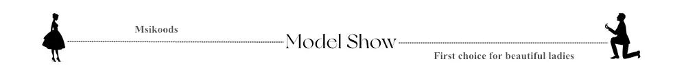 Stylized graphic showcasing Msikoods brand with silhouettes and 'Model Show' tagline, appealing to elegant fashion enthusiasts.