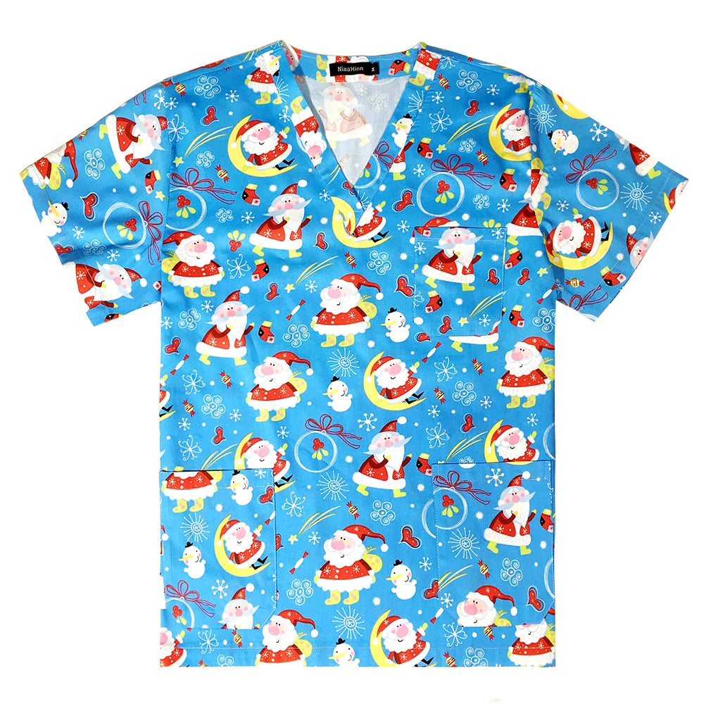 Colorful women's nurse scrubs featuring Santa Claus and festive prints on a blue background, perfect for medical professionals.