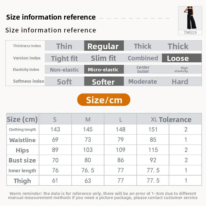 Size information chart for Sleeveless High Waist Maternity Jumpsuit including dimensions for S, M, XL in centimeters.