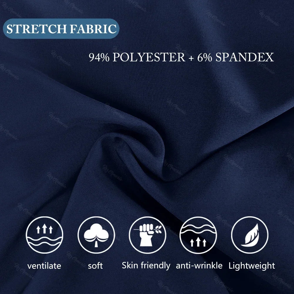 Close-up of navy blue stretch fabric composition: 94% polyester and 6% spandex, showcasing softness and lightweight features.