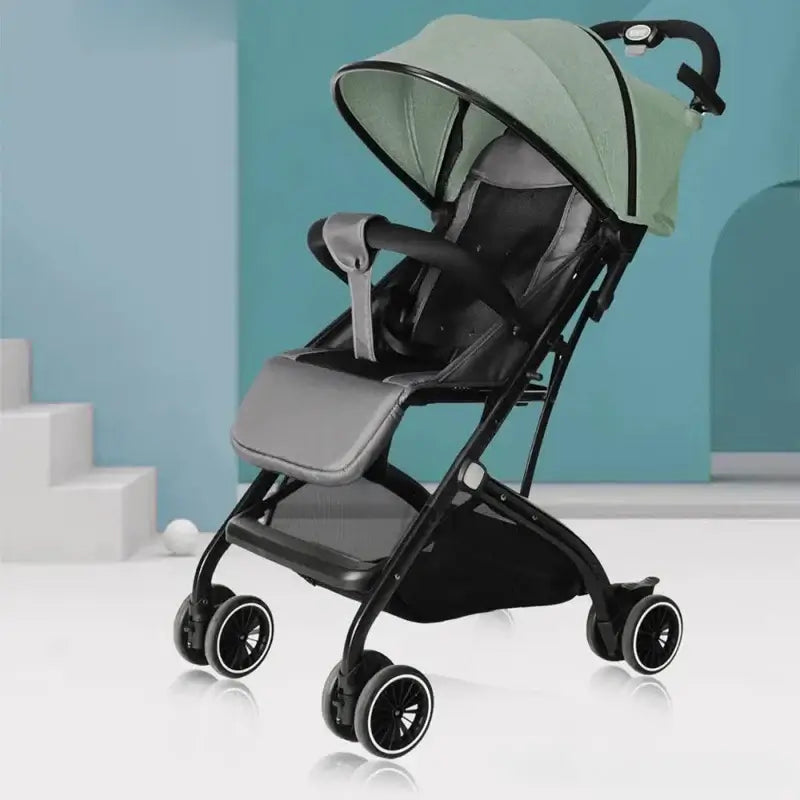 Portable foldable baby stroller in green color, designed for ages 0-3 years, featuring high landscape and lightweight design.