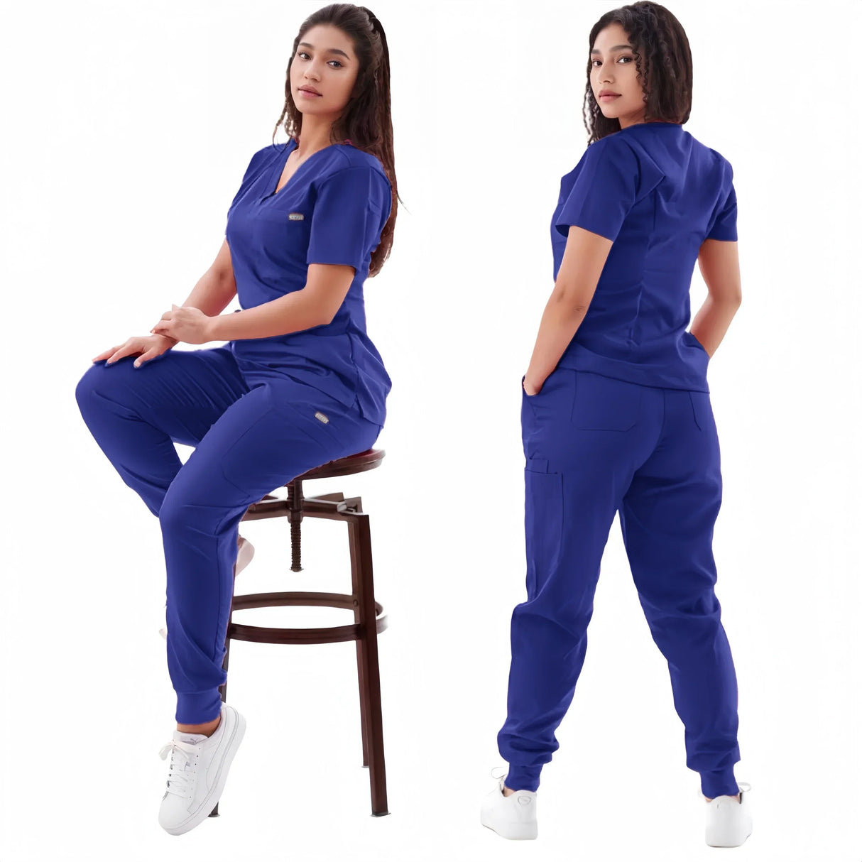 Women wearing breathable blue medical scrub sets, featuring elastic short sleeves and comfortable fit for healthcare professionals.