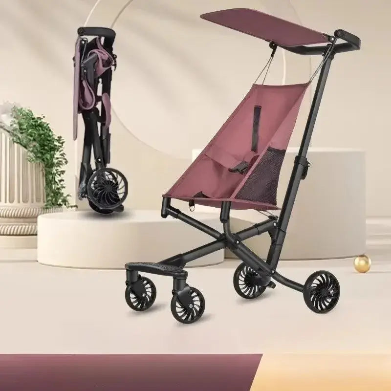 Lightweight baby stroller in foldable design with black and pink accents, ideal for children aged 1-6 years.