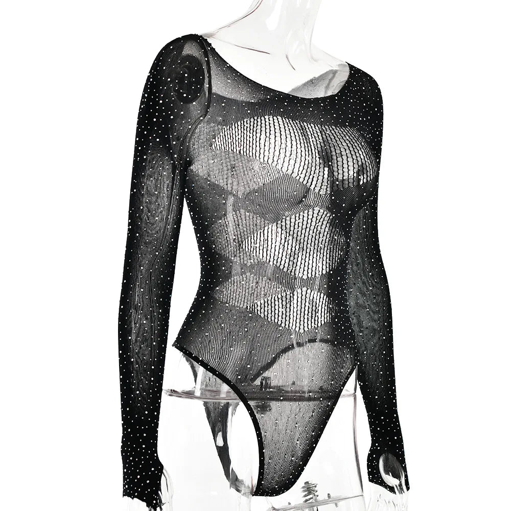 Women's Knitted Rhinestone Long Sleeve Bodysuit – Sexy Y2K Outfit