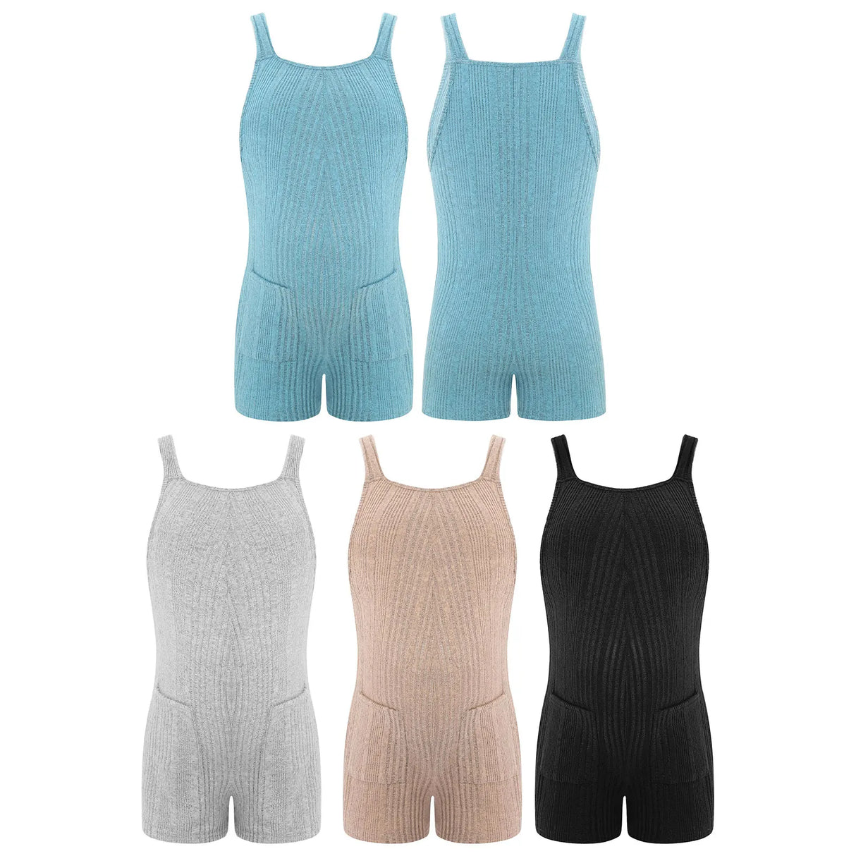 Four sleeveless ribbed maternity jumpsuits in blue, gray, beige, and black, perfect for summer casual wear.