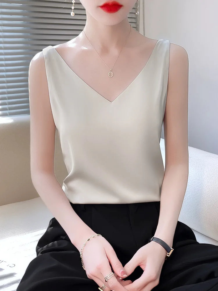 Korean Style V-Neck Solid Tank Top