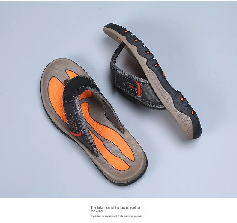 Men Cow Leather Beach Flip Flops Sandals