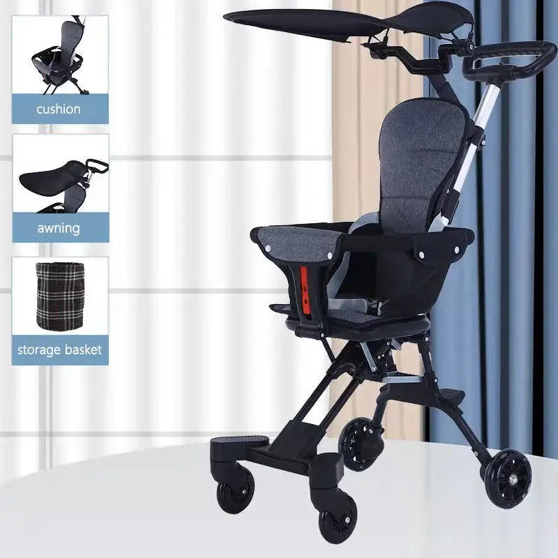 Light foldable baby stroller with adjustable seat, awning, cushioning, and storage basket, perfect for babies up to 20kg.