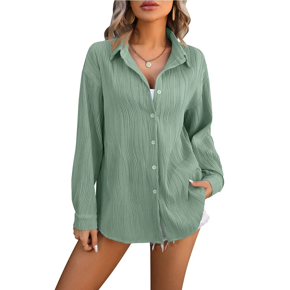 HarajukuMuse women's green streetwear blouse with long sleeves and turn-down collar, perfect for spring and autumn.