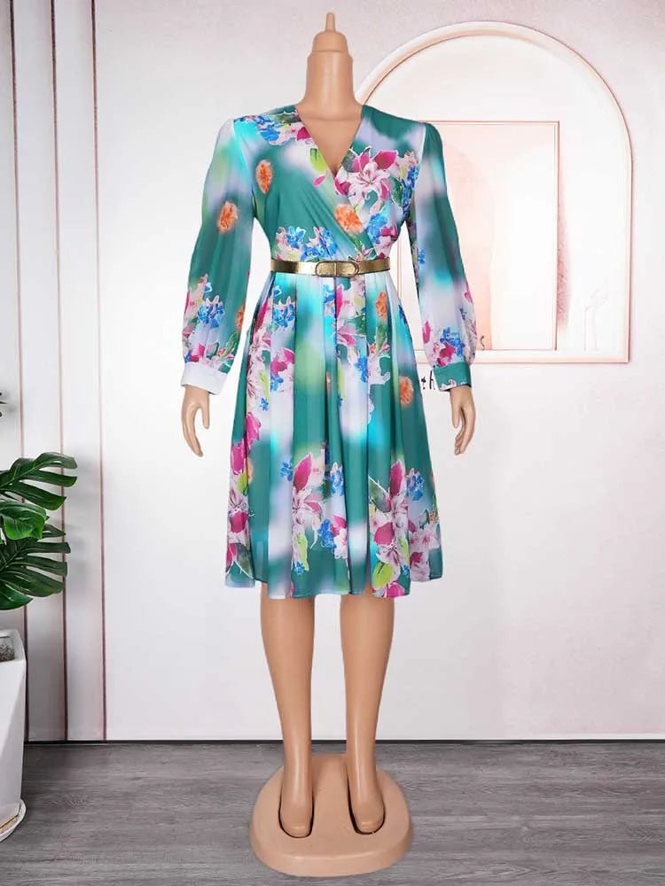 فستان نسائي من الشيفون المطبوع بفتحة رقبة على شكل حرف V