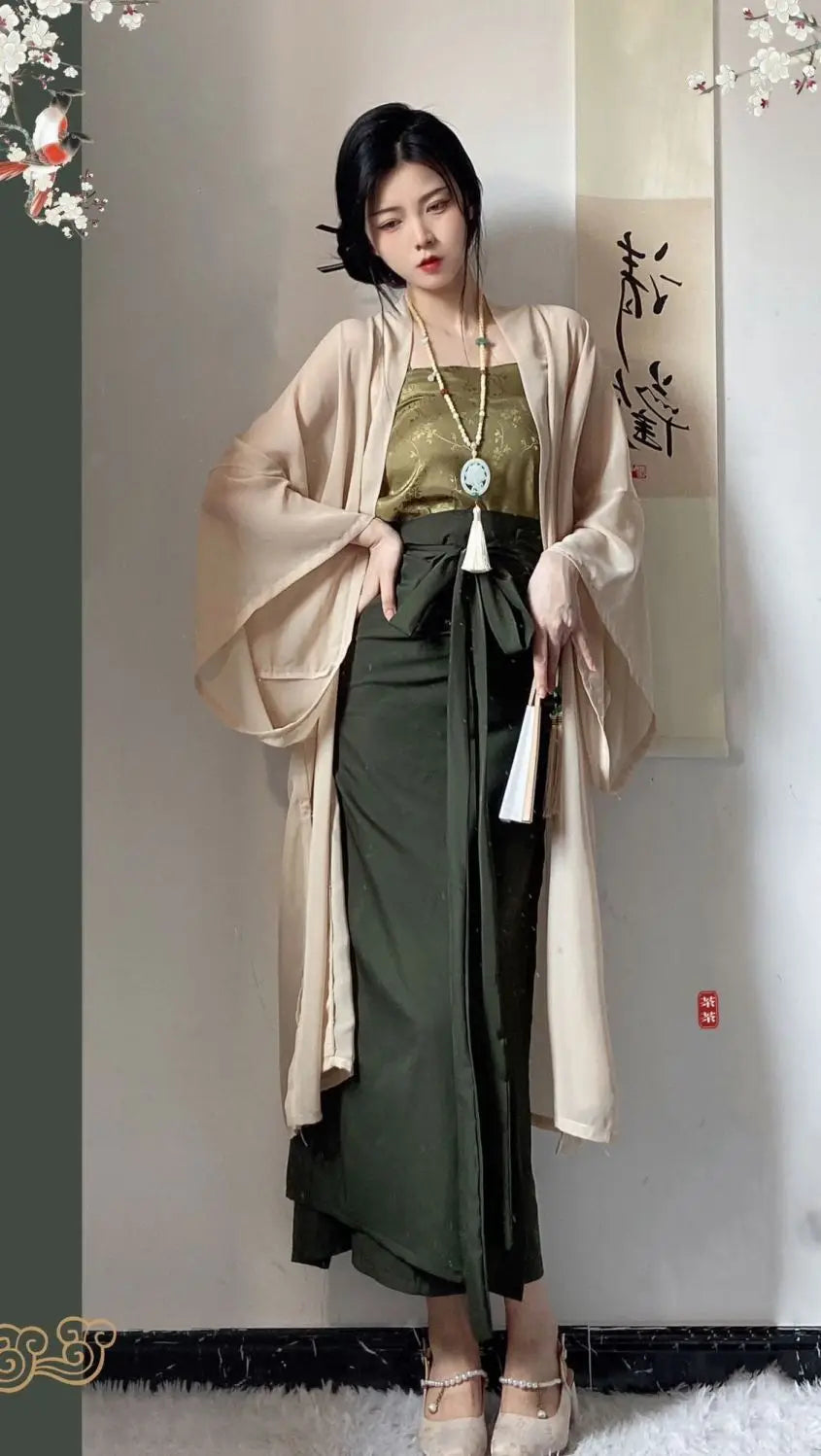 Elegant woman wearing Princess Song Dynasty Hanfu, a 3-piece robe featuring beige and green hues.