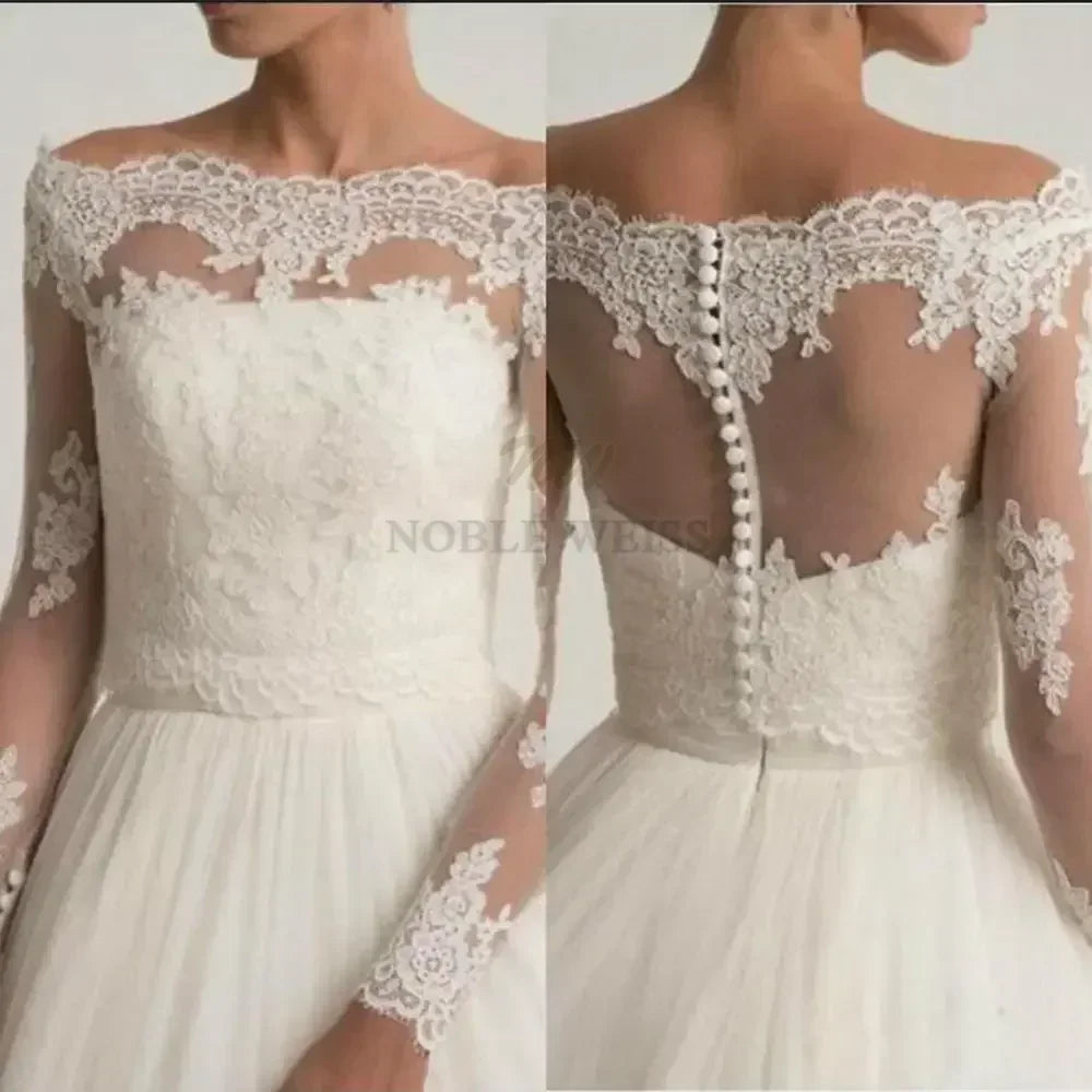 Lace off shoulder bridal jacket with long sleeves and intricate appliqued design, showcasing front and back views.