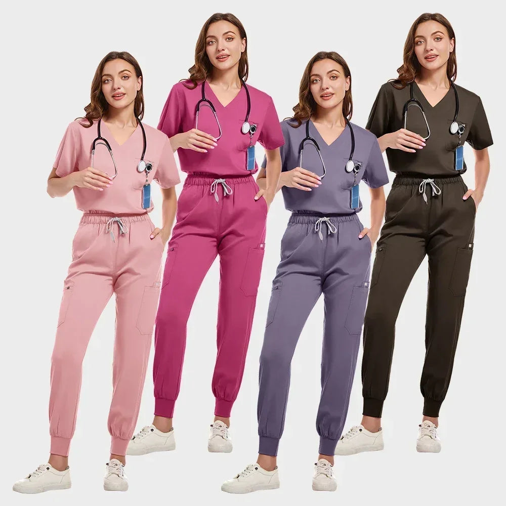 Breathable women's medical scrub sets in pink, lavender, and black, ideal for healthcare and beauty professionals.