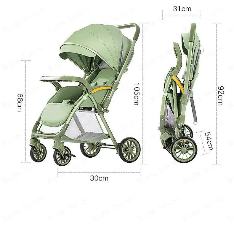 Bi-directional high landscape baby stroller with specs showing dimensions and folding capability in green color.