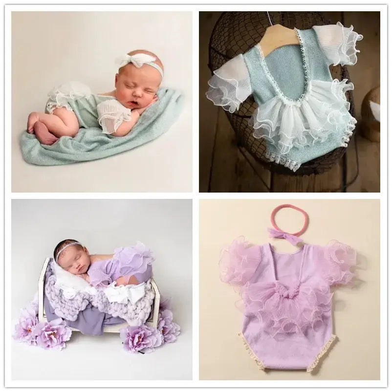 Collage of newborn photography props featuring soft cotton outfits and accessories in pastel colors.