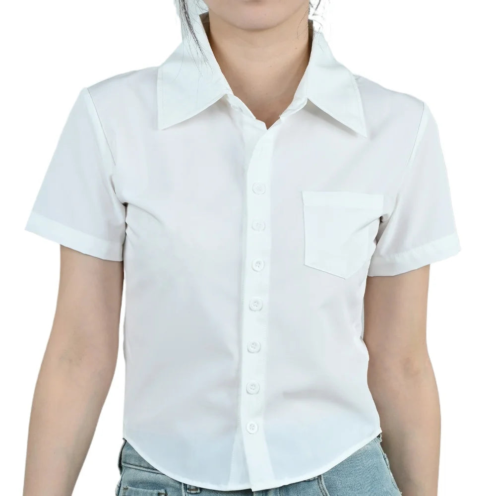 LapelCurve™ Slim Fit Professional Short Sleeve Shirt for Women, stylish white blouse with turn-down collar and pocket.