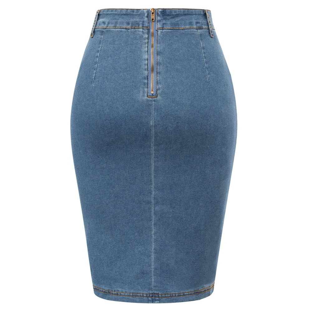 BuckleCurve™ – Ruched Belt Bodycon Skirt (High Waist Retro Denim)
