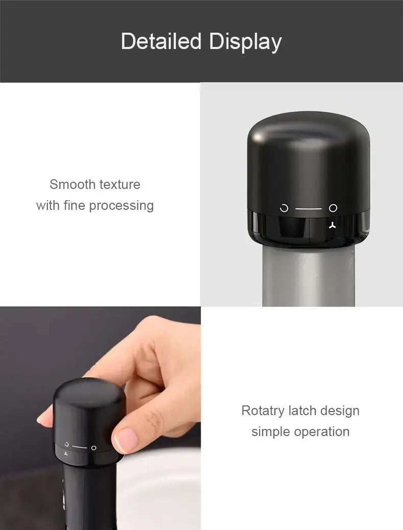 Detailed display of a black vacuum wine bottle stopper, highlighting smooth texture and rotary latch design for easy operation.