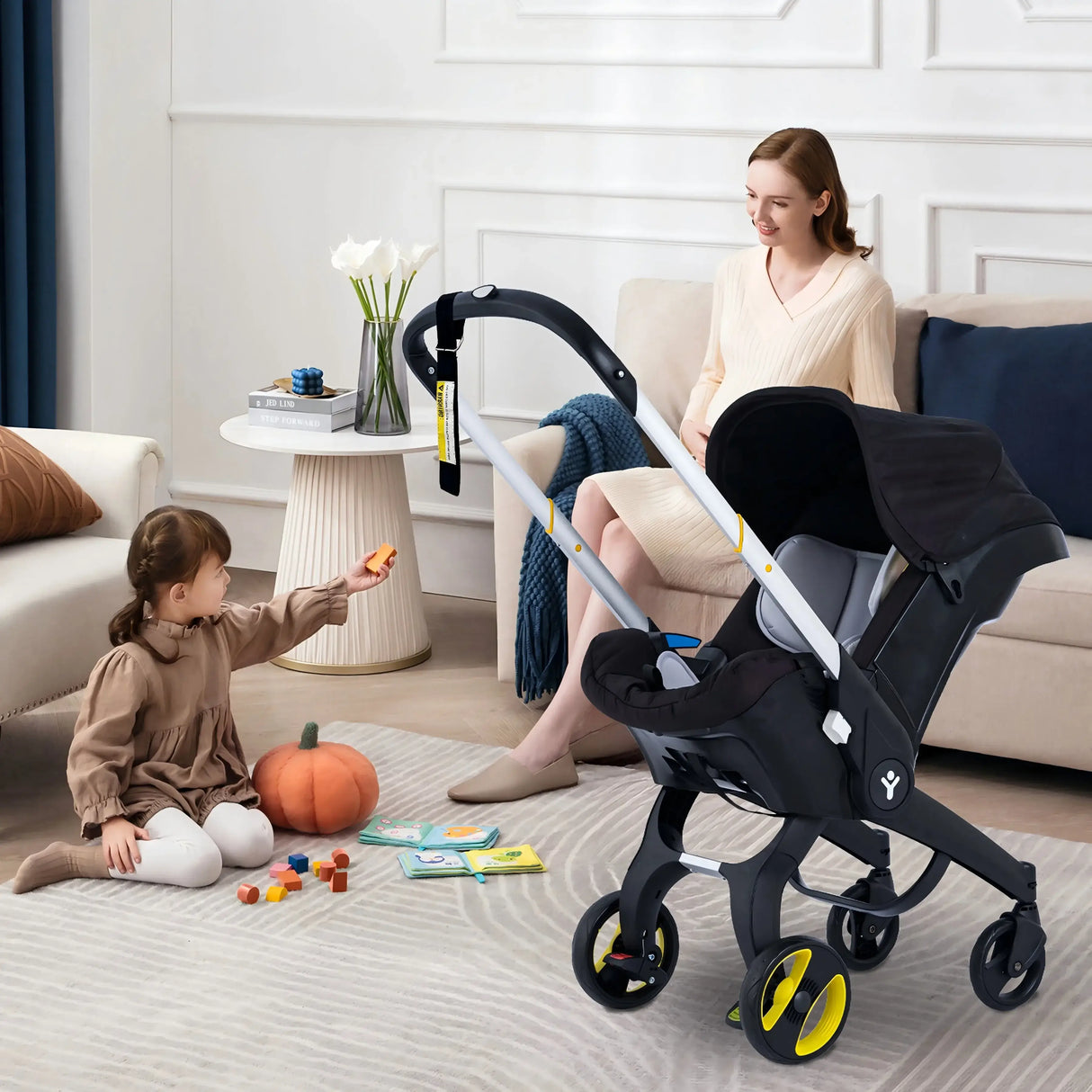 Foldable baby stroller in living room, featuring a seated child playing and an adult nearby, showcasing modern design and functionality.