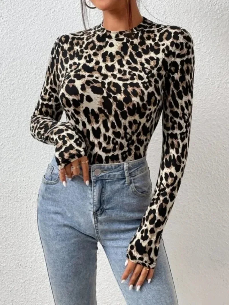 Leopard Print Bodysuit Women – Long Sleeve Top