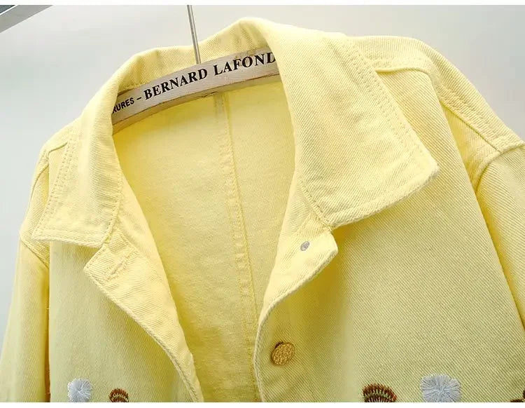 Floral Embroidery Denim Crop Jacket for Women