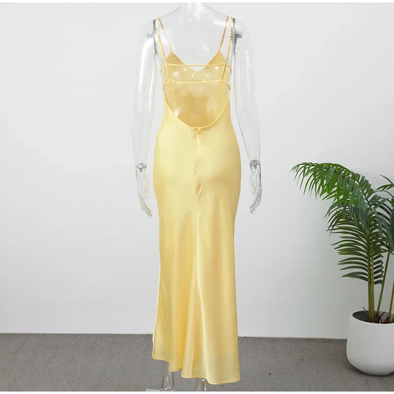 Golden Satin Backless Evening Gown