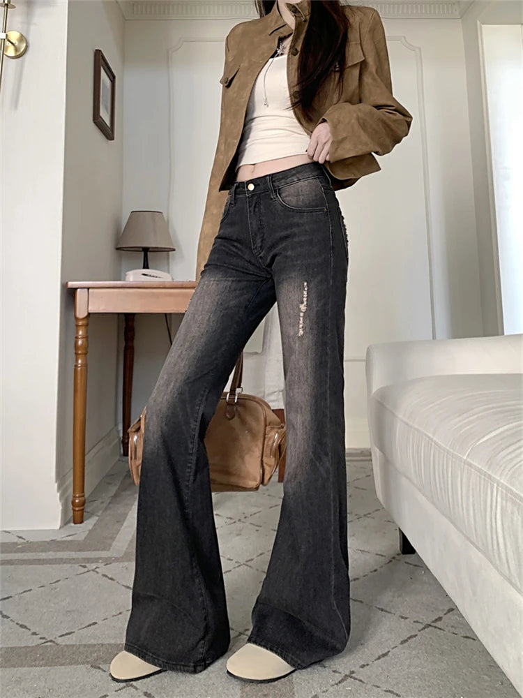 FadeFlare™ – Distressed Micro Flare Jeans (Black Gray, Streetwear Style)