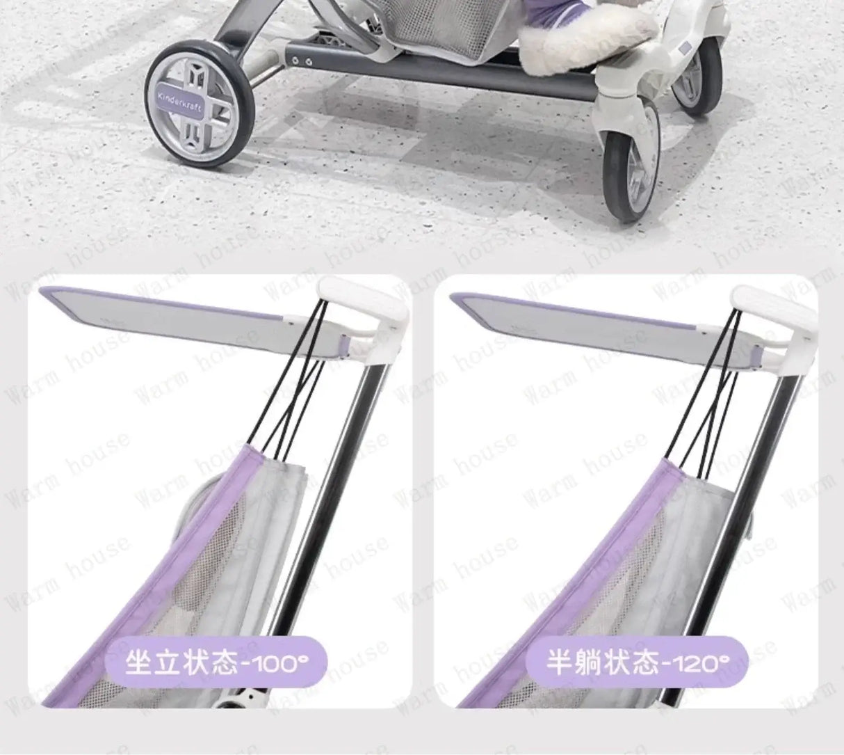Image of an outdoor lightweight children's stroller showcasing adjustable sunshade positions at 100° and 120°.