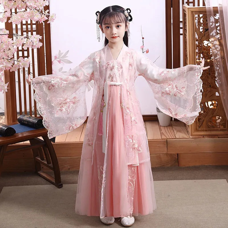Modern pink Chinese Hanfu dress for girls, featuring intricate floral patterns and flowing sleeves, perfect for cosplay.