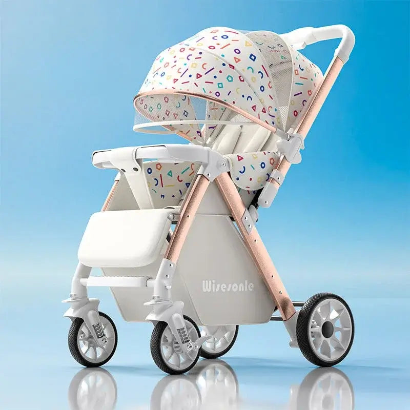 Lightweight baby stroller with colorful patterns and a foldable design, perfect for infants and toddlers.