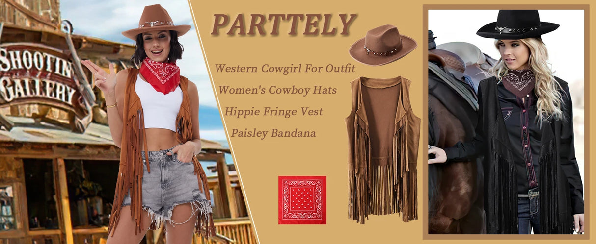Cowgirl outfit featuring western cowboy hat and fringe vest with bandana, perfect for a country-themed event.