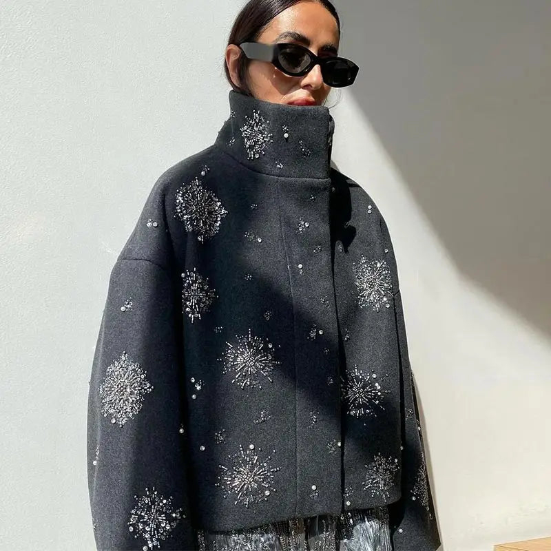 Casual Embroidered Wool Blend Bat Sleeve Coat