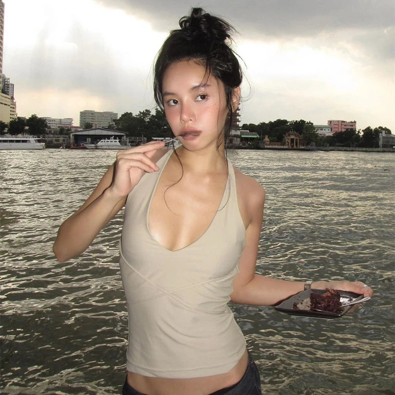 Korean Fashion Backless Halter Crop Tank