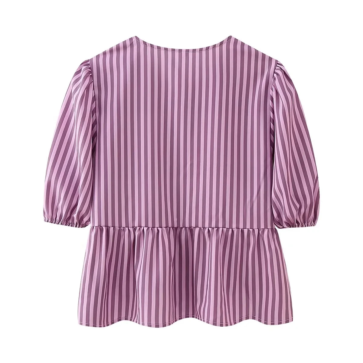 Back view of BowChic™ Stripe Lace-Up Blouse in purple stripes, featuring short puff sleeves and peplum hem.