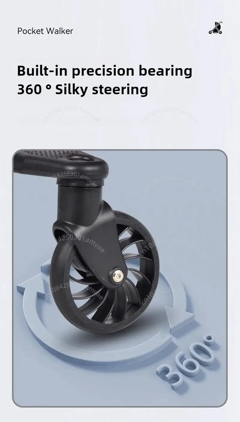 Pocket Walker wheel featuring built-in precision bearing for 360° silky steering.