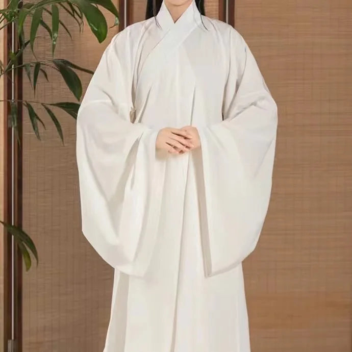 Ming Dynasty Hanfu inner robe costume in white, showcasing traditional design and flowing sleeves.