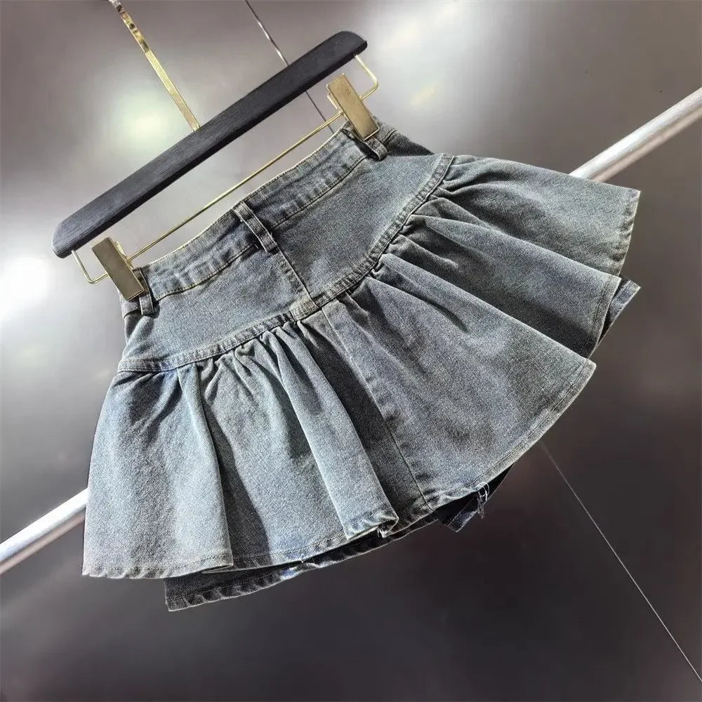 PuffyBelt™ – Puffy Layered Denim Skirt (Black A-line, High Waist)