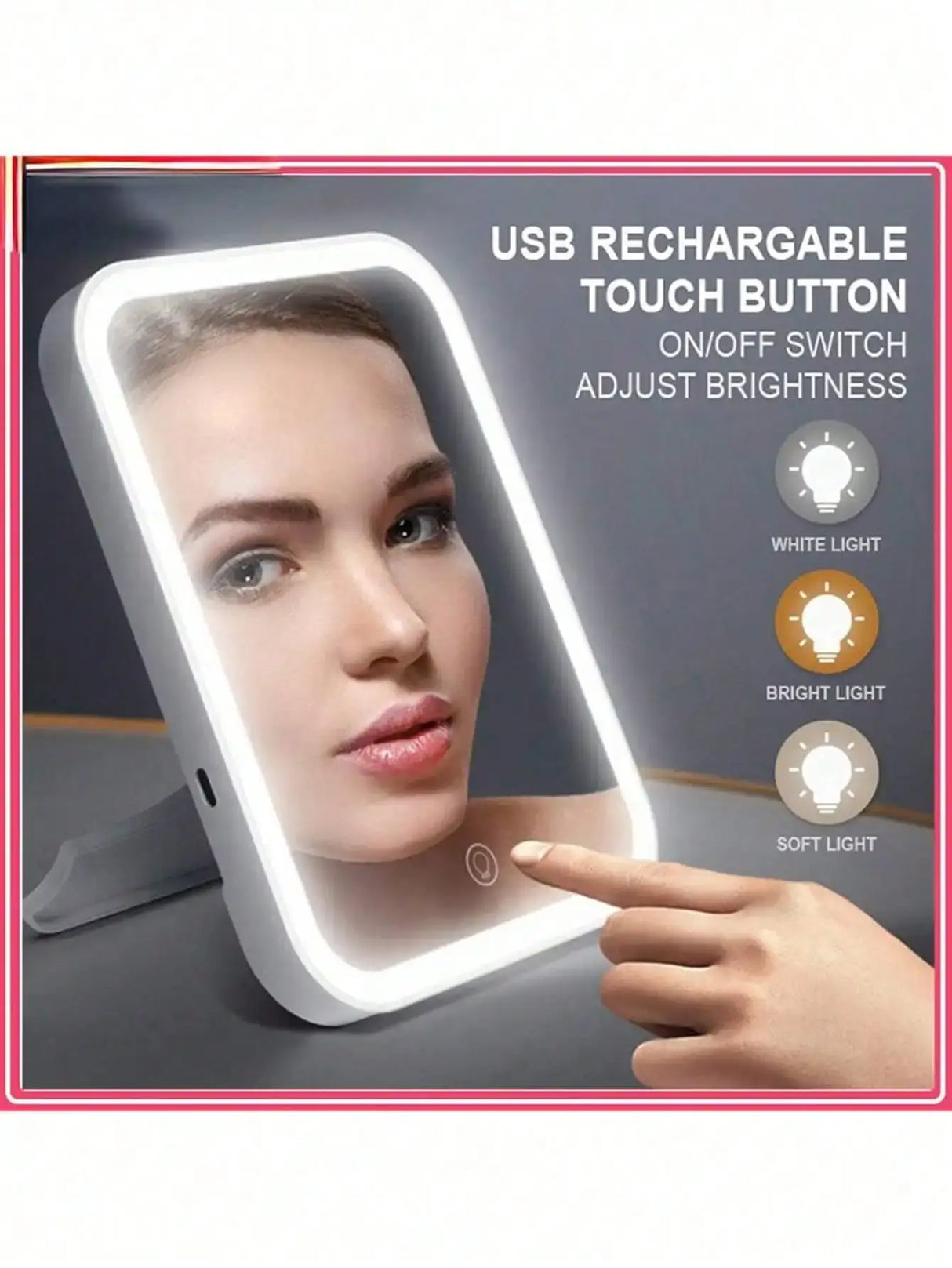 LED makeup mirror with adjustable brightness, USB rechargeable, touch button for easy on/off.