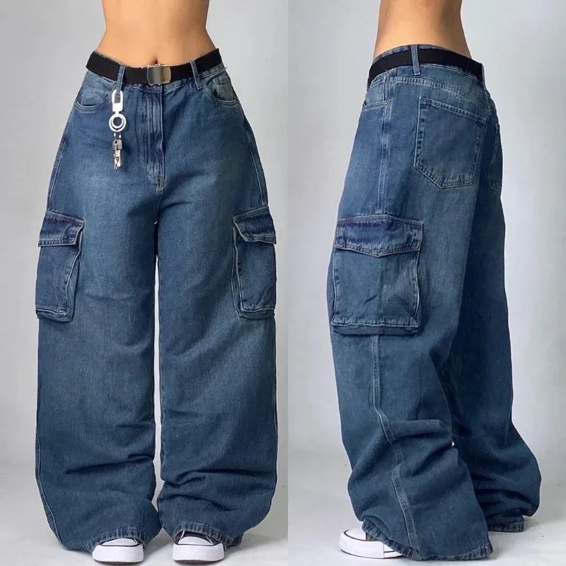 Y2K Multi-Pocket Washed Wide Leg Jeans for Women