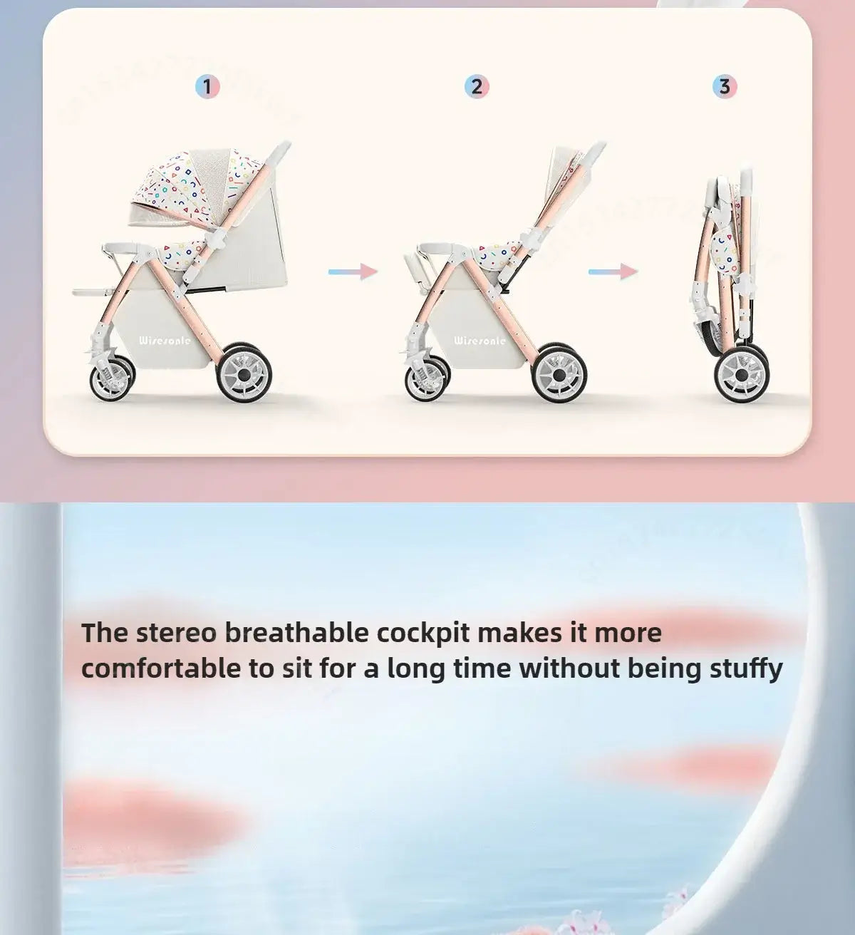 Lightweight baby stroller showcasing folding process and breathable cockpit for comfort and convenience.