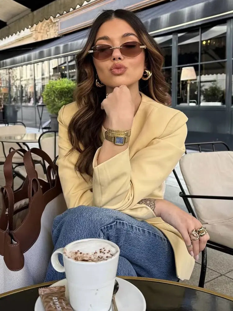 Elegant Yellow O-Neck Blazer Coat