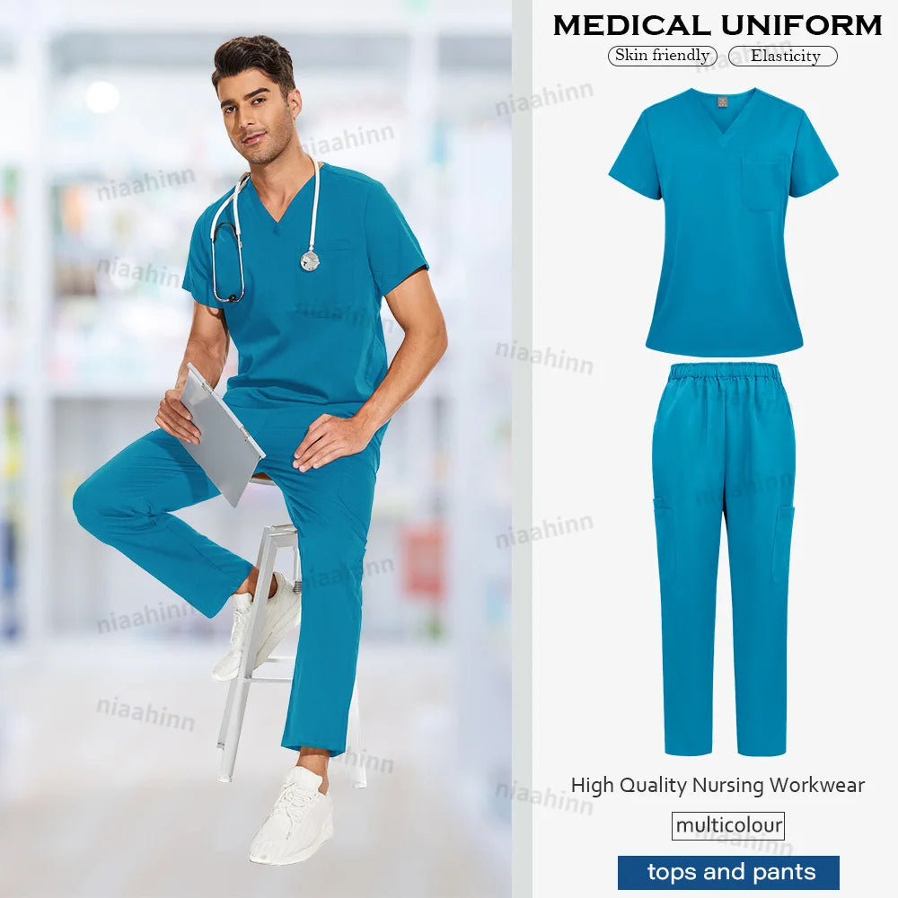 Multicolor surgical gown set for men in breathable fabric, featuring top and pants, ideal for nursing work.