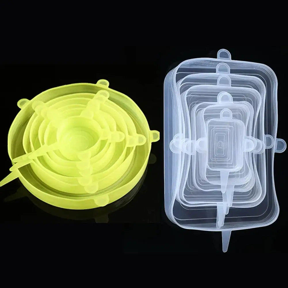 6 pcs silicone stretch lids in yellow and transparent for kitchen and microwave use.