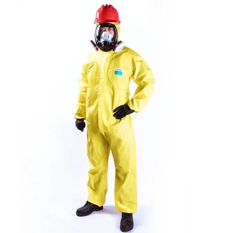 Chemical resistant work coverall in yellow, featuring a gas mask and hard hat for utility and safety.