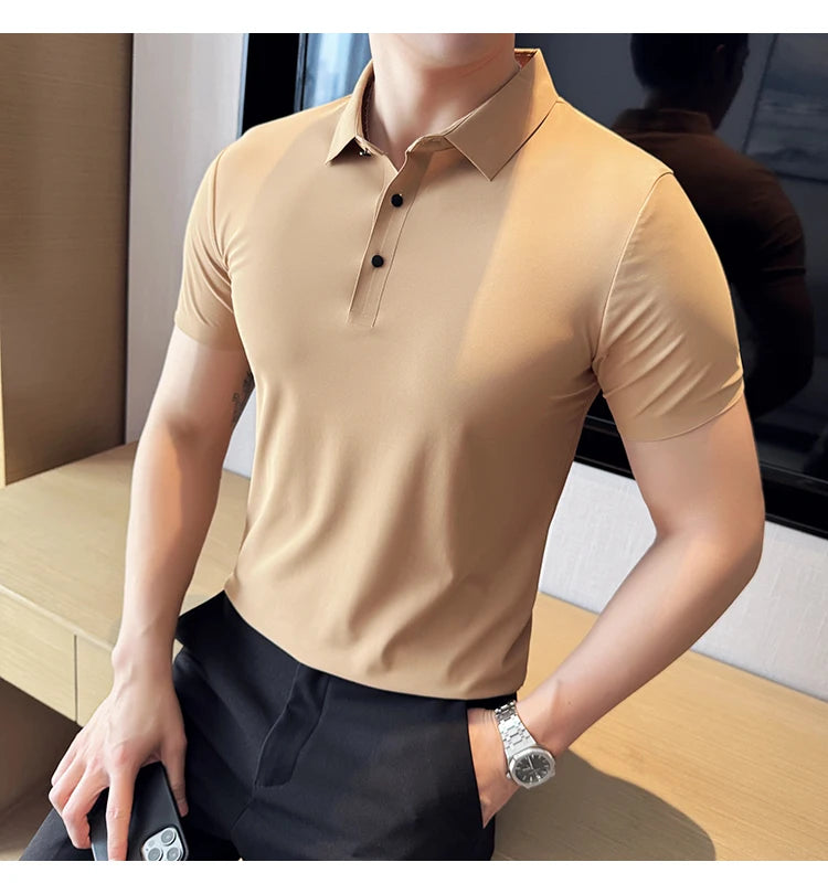 Men Ice Silk Polo Shirt Brown Top