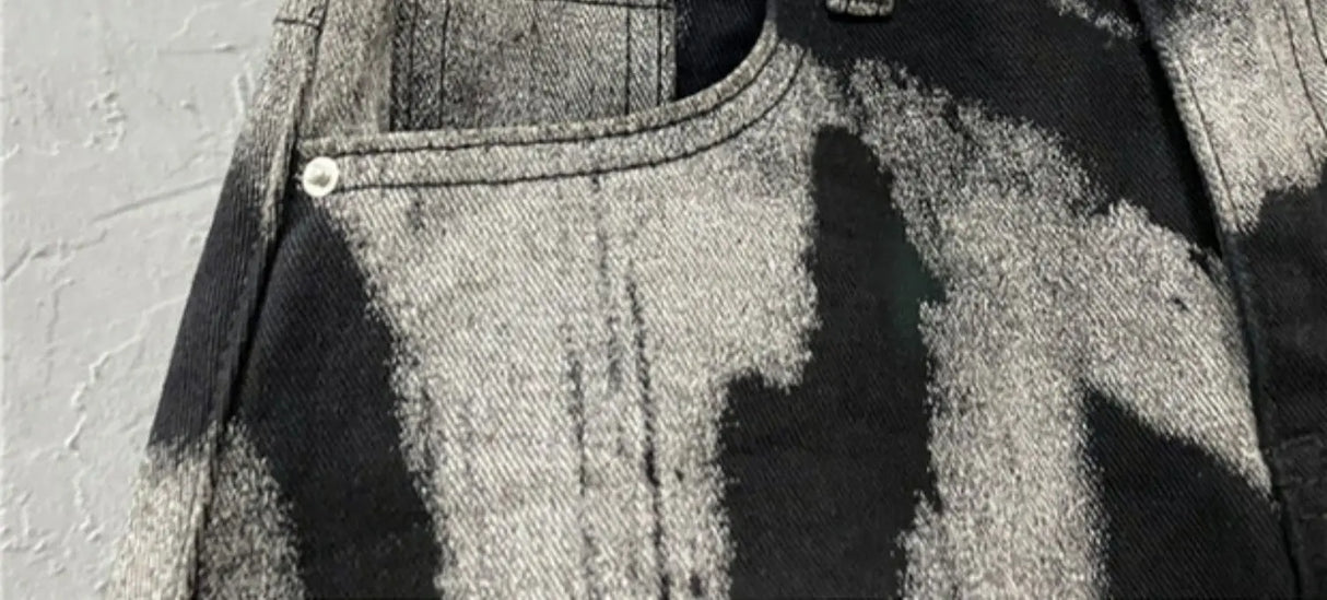 DyeDrape™ – Tie-Dye Short Denim Skirt (Black Gray, Fringed A-Line)