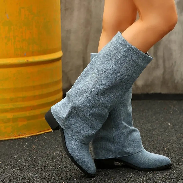 Women’s Knee High Cowboy Denim Boots 2025