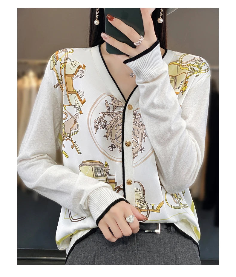 Women's Printed Stitching Wool Cardigan