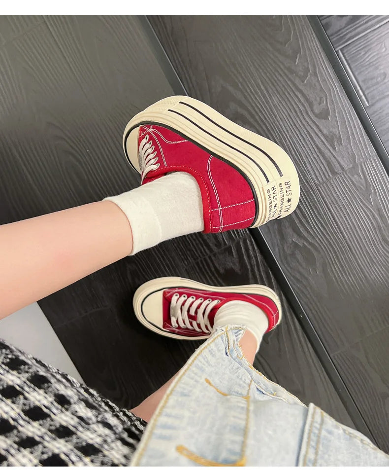 Women Canvas Shoes Black White Platform Sneakers